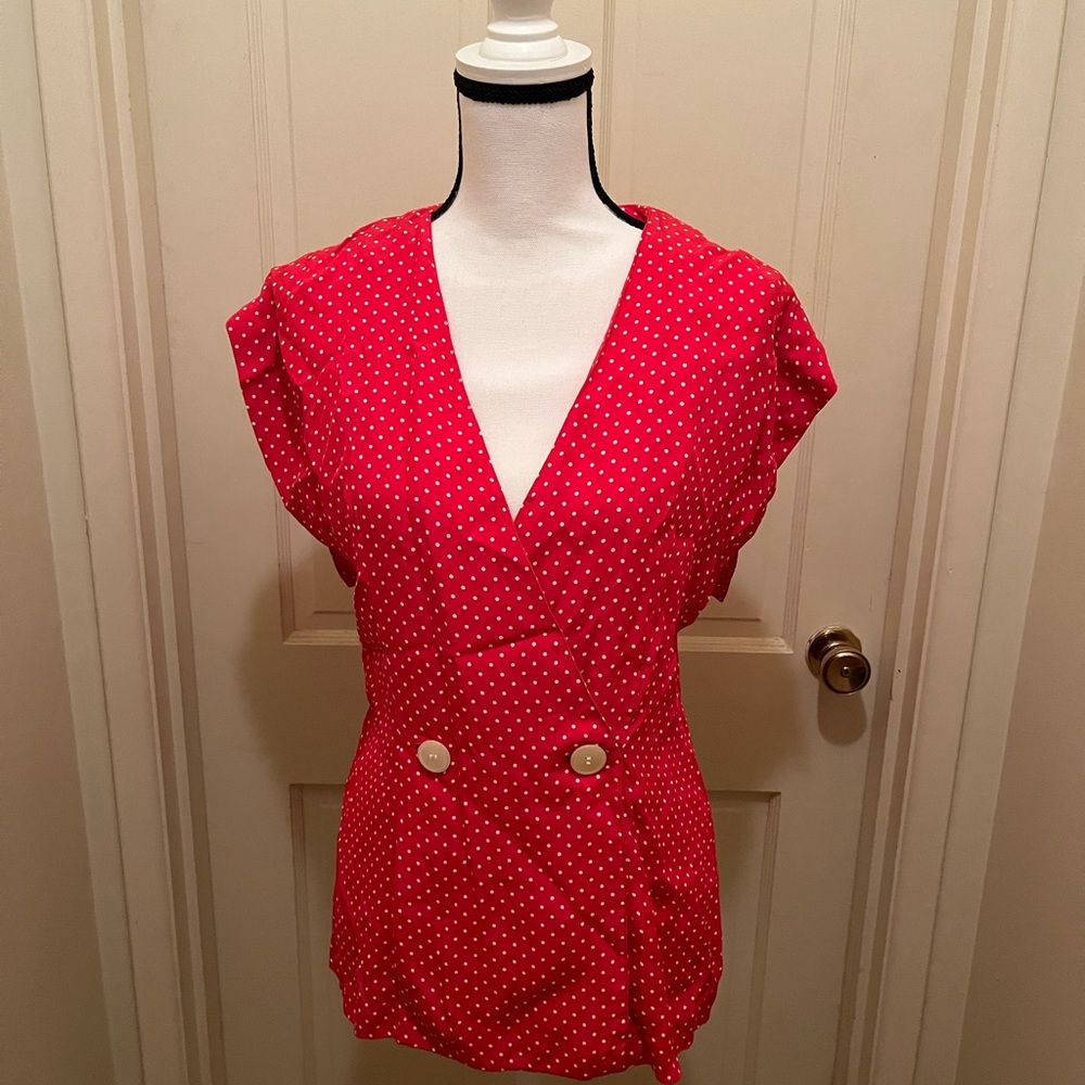 Vtg 80s/90s Maggie London Red White Polka Dot Sailor Blouse Sz S